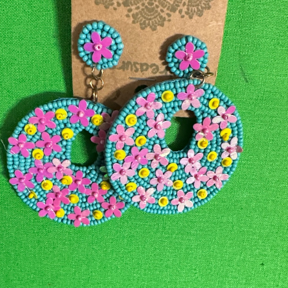 Floral Beaded Earrings - Pink, Yellow, and Blue